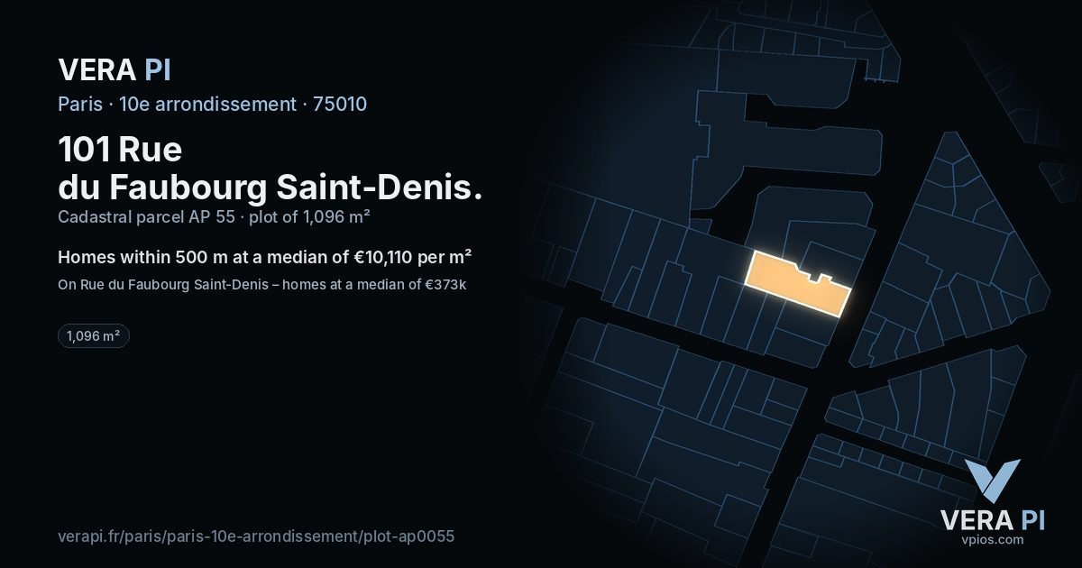 101 Rue du Faubourg Saint-Denis, 10e arrondissement at night – the plot lit, the parcels around coloured by the prices near them