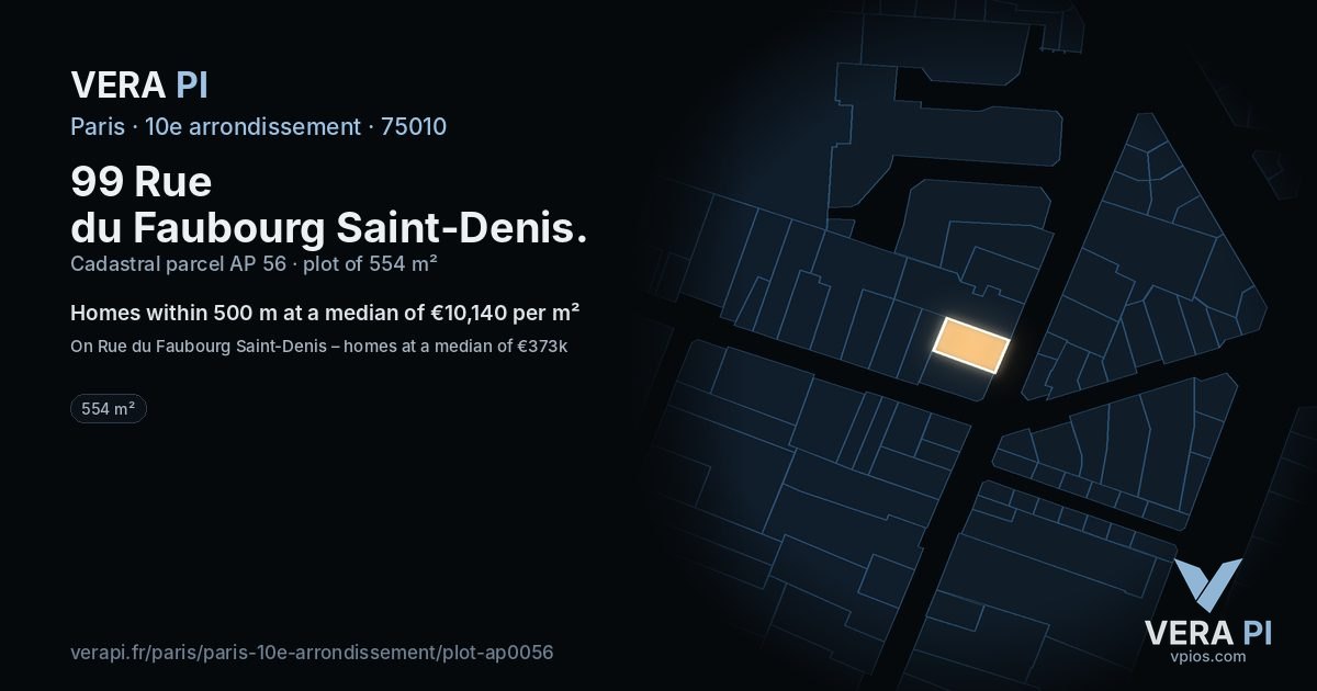 99 Rue du Faubourg Saint-Denis, 10e arrondissement at night – the plot lit, the parcels around coloured by the prices near them