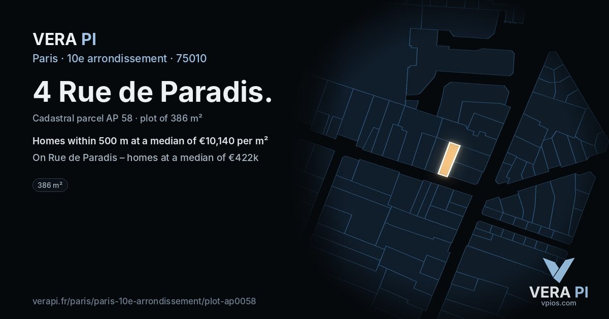 4 Rue de Paradis, 10e arrondissement at night – the plot lit, the parcels around coloured by the prices near them