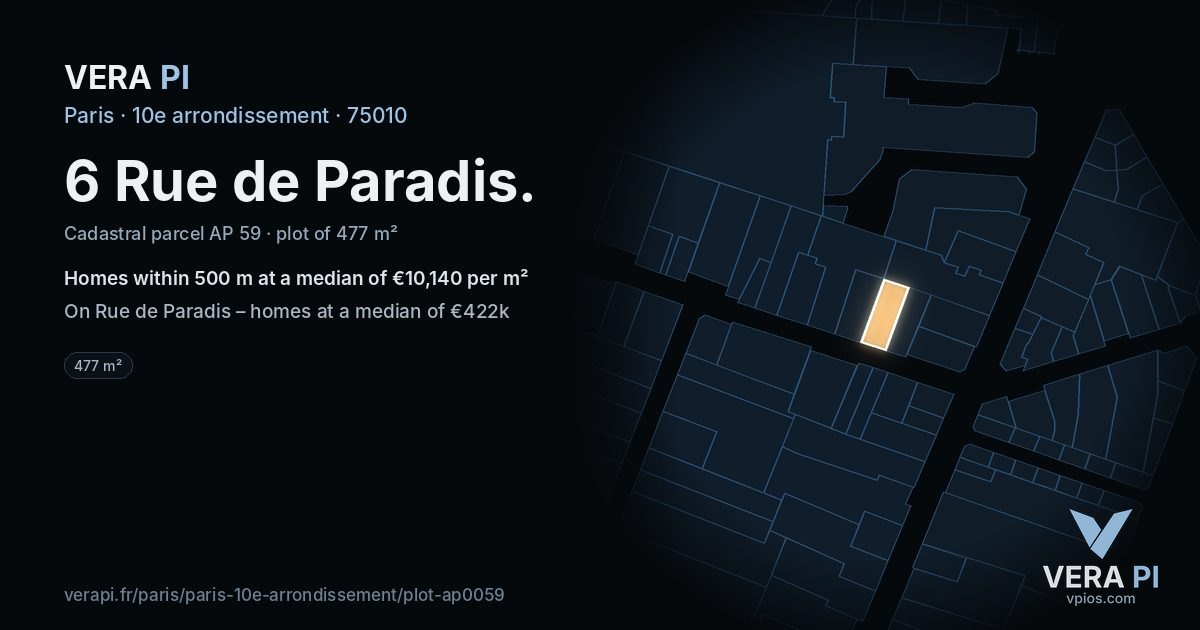 6 Rue de Paradis, 10e arrondissement at night – the plot lit, the parcels around coloured by the prices near them