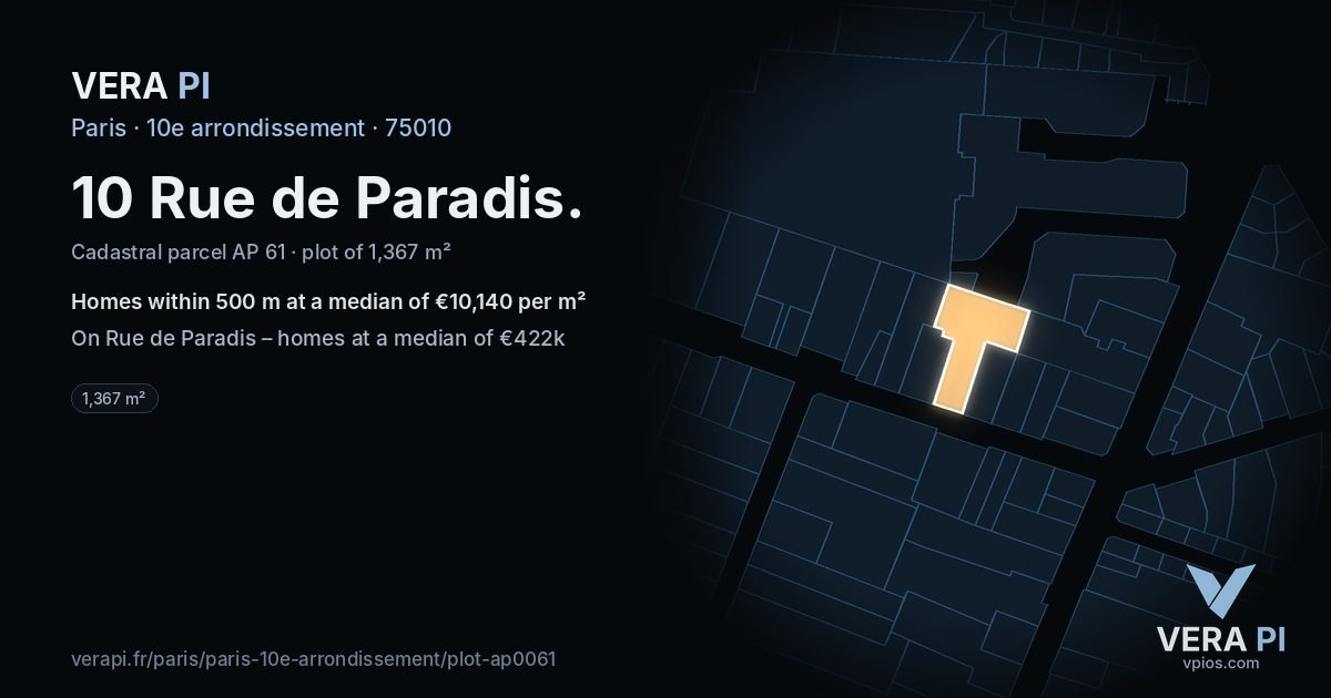 10 Rue de Paradis, 10e arrondissement at night – the plot lit, the parcels around coloured by the prices near them