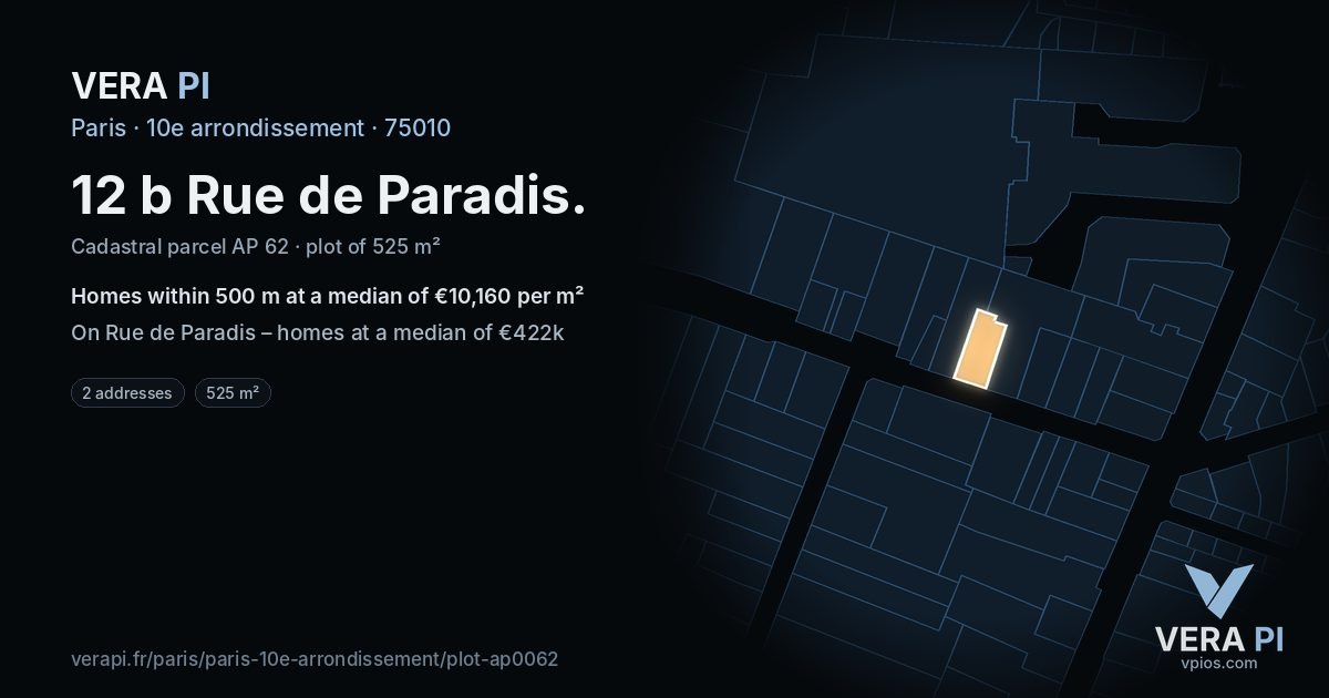 12 b Rue de Paradis, 10e arrondissement at night – the plot lit, the parcels around coloured by the prices near them