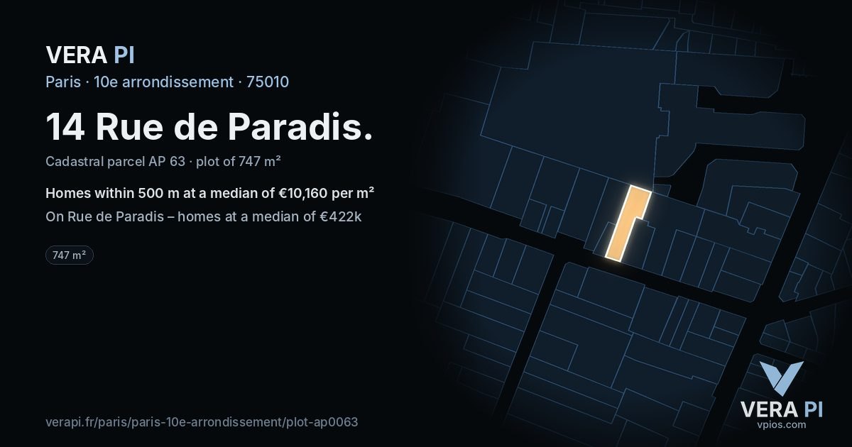 14 Rue de Paradis, 10e arrondissement at night – the plot lit, the parcels around coloured by the prices near them