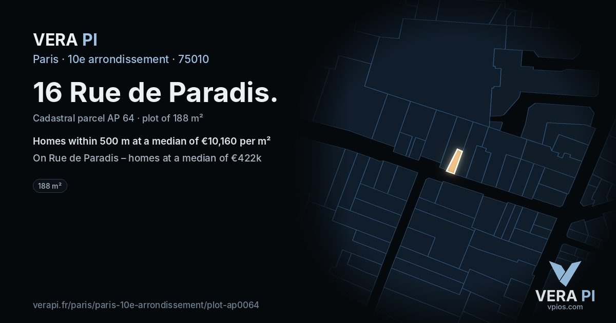 16 Rue de Paradis, 10e arrondissement at night – the plot lit, the parcels around coloured by the prices near them
