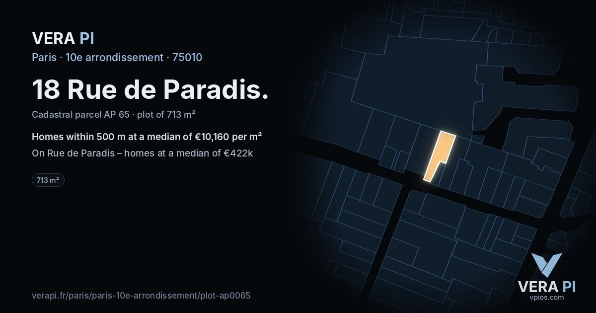 18 Rue de Paradis, 10e arrondissement at night – the plot lit, the parcels around coloured by the prices near them