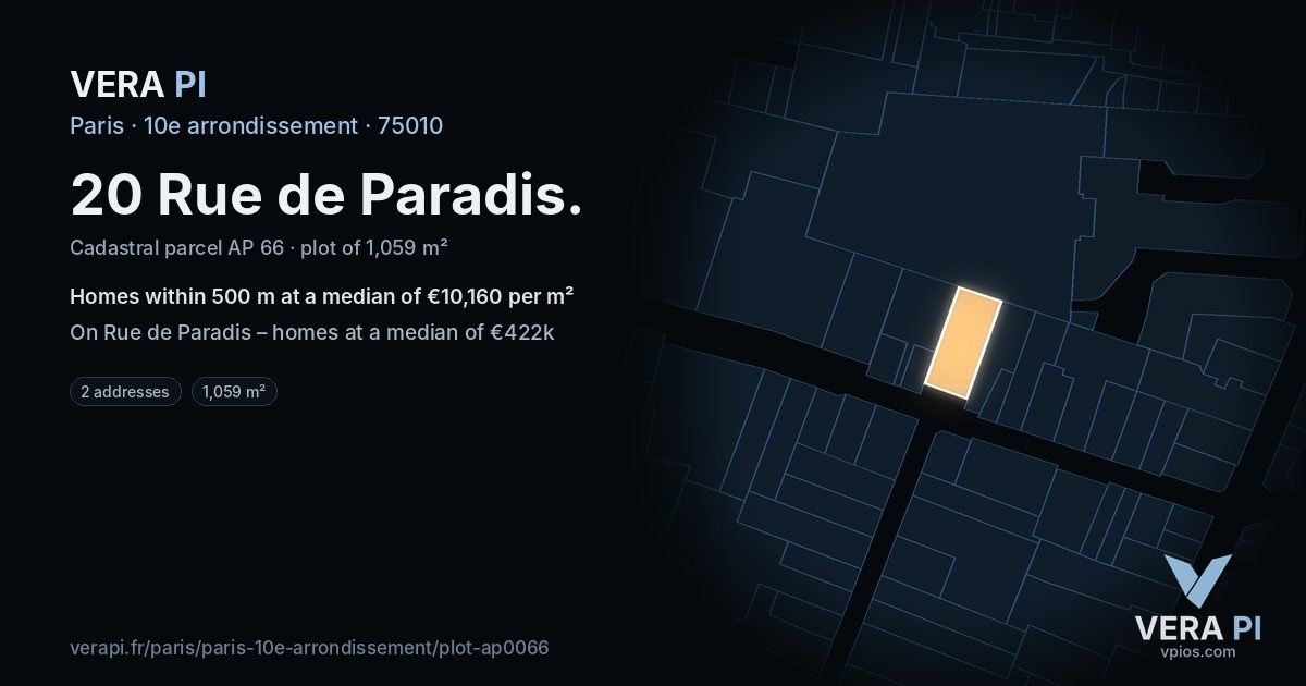 20 Rue de Paradis, 10e arrondissement at night – the plot lit, the parcels around coloured by the prices near them