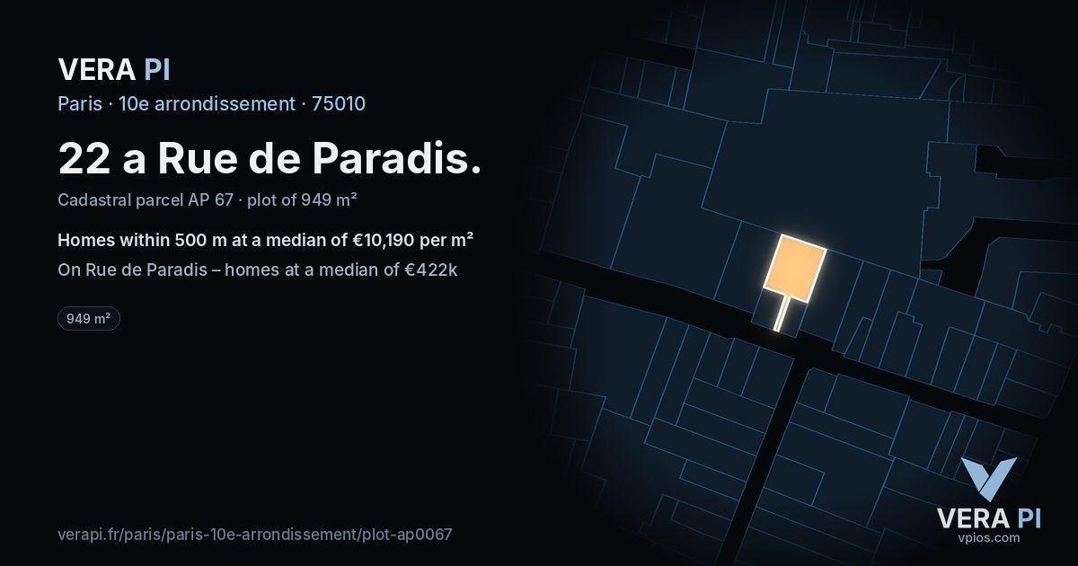 22 a Rue de Paradis, 10e arrondissement at night – the plot lit, the parcels around coloured by the prices near them