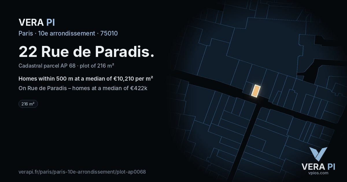 22 Rue de Paradis, 10e arrondissement at night – the plot lit, the parcels around coloured by the prices near them