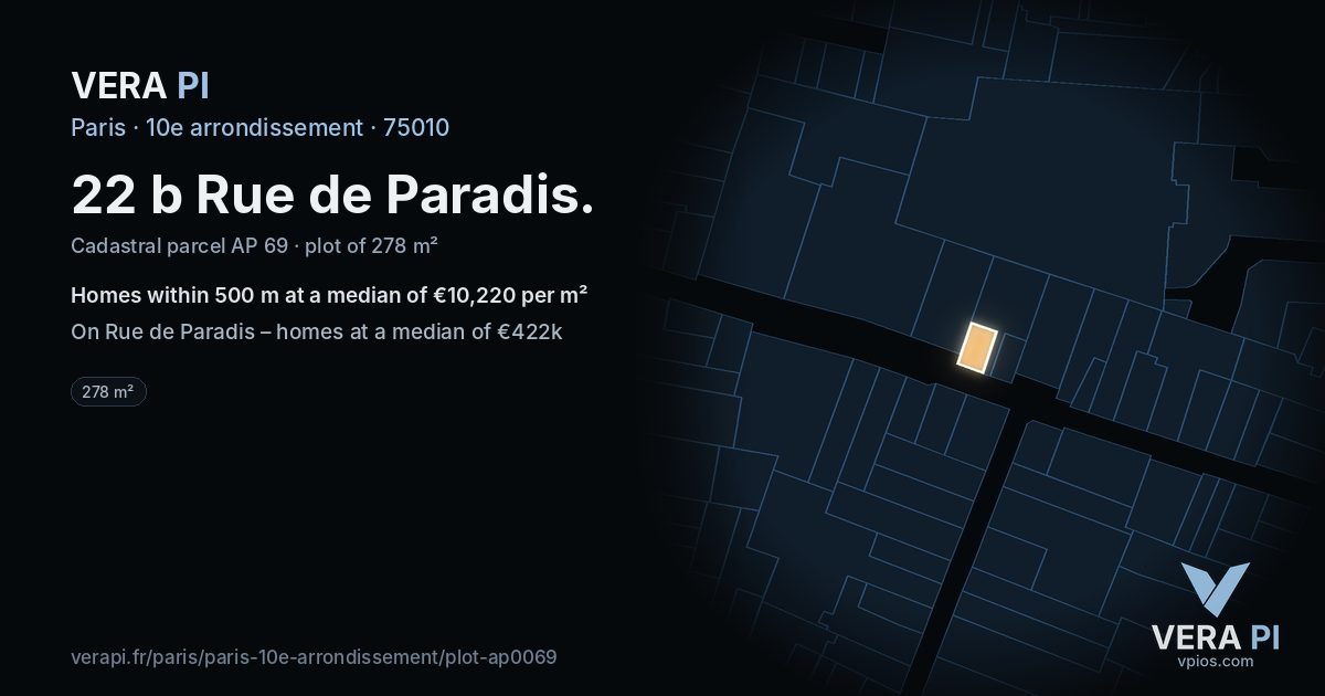 22 b Rue de Paradis, 10e arrondissement at night – the plot lit, the parcels around coloured by the prices near them