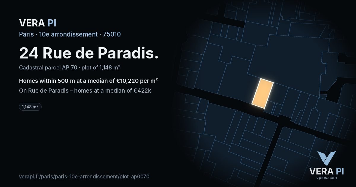 24 Rue de Paradis, 10e arrondissement at night – the plot lit, the parcels around coloured by the prices near them