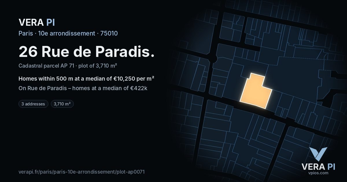 26 Rue de Paradis, 10e arrondissement at night – the plot lit, the parcels around coloured by the prices near them
