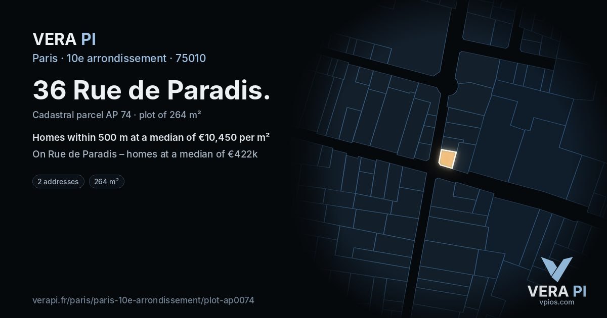 36 Rue de Paradis, 10e arrondissement at night – the plot lit, the parcels around coloured by the prices near them
