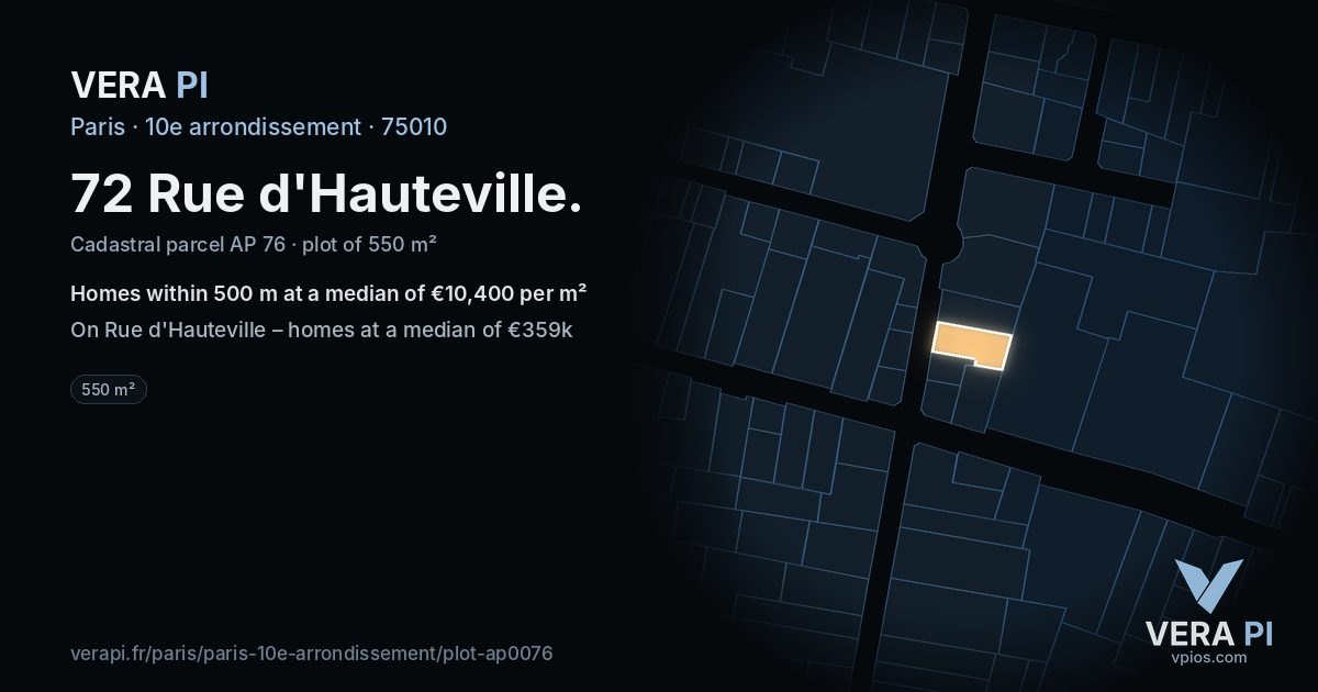 72 Rue d'Hauteville, 10e arrondissement at night – the plot lit, the parcels around coloured by the prices near them