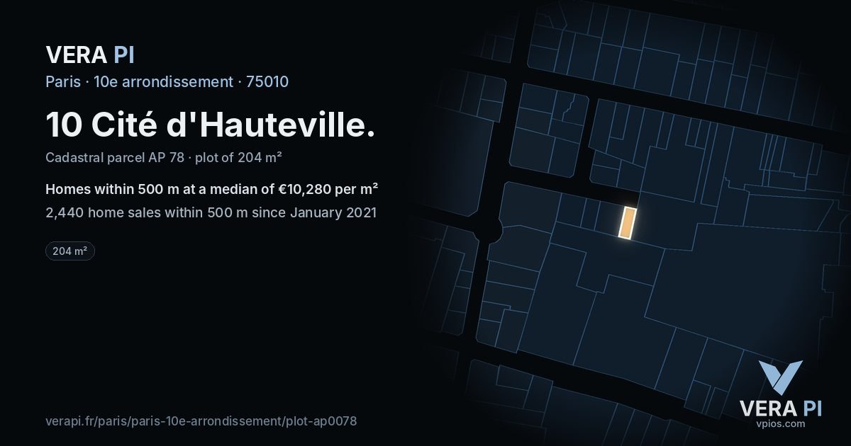 10 Cité d'Hauteville, 10e arrondissement at night – the plot lit, the parcels around coloured by the prices near them