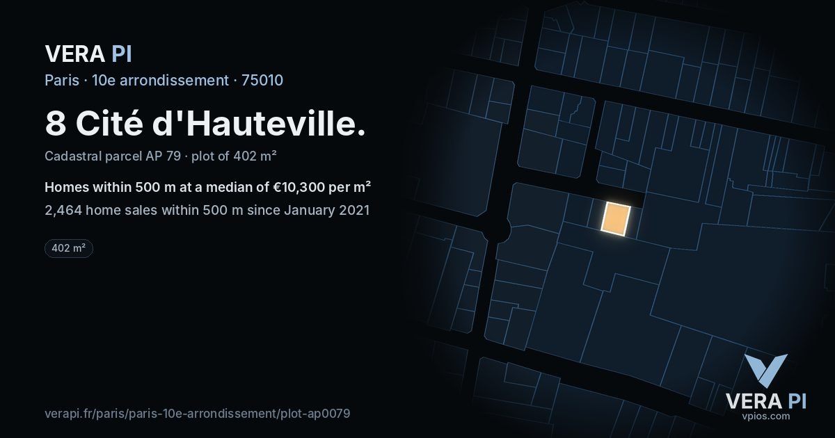 8 Cité d'Hauteville, 10e arrondissement at night – the plot lit, the parcels around coloured by the prices near them