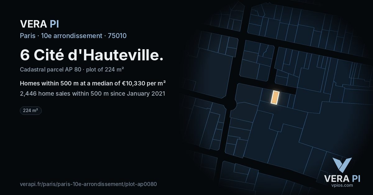 6 Cité d'Hauteville, 10e arrondissement at night – the plot lit, the parcels around coloured by the prices near them