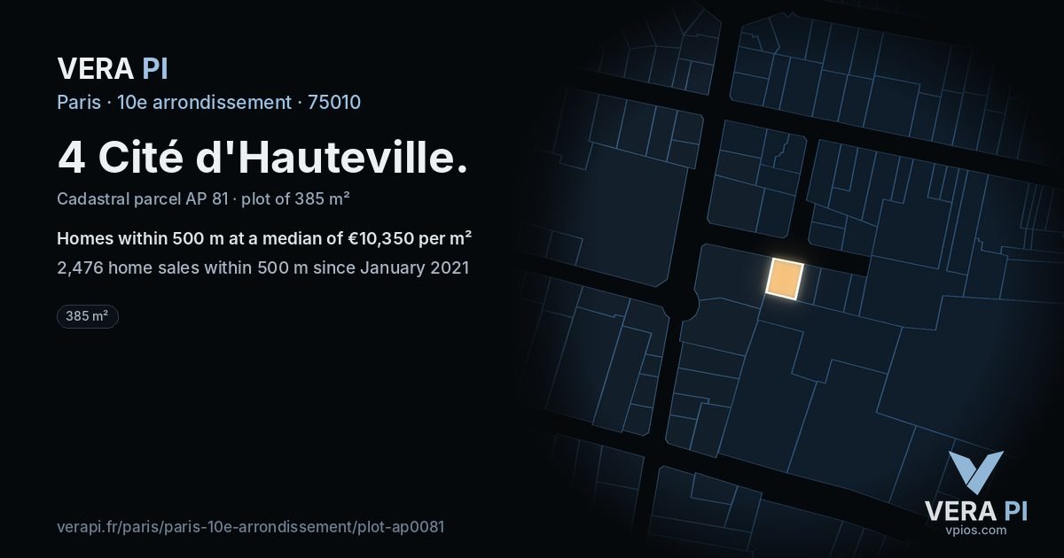 4 Cité d'Hauteville, 10e arrondissement at night – the plot lit, the parcels around coloured by the prices near them