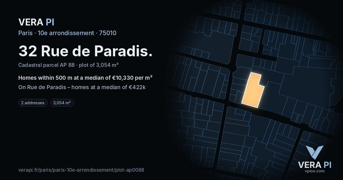 32 Rue de Paradis, 10e arrondissement at night – the plot lit, the parcels around coloured by the prices near them
