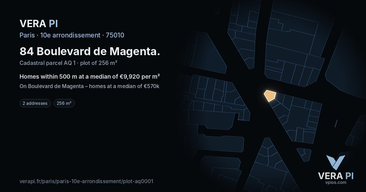 84 Boulevard de Magenta, 10e arrondissement at night – the plot lit, the parcels around coloured by the prices near them