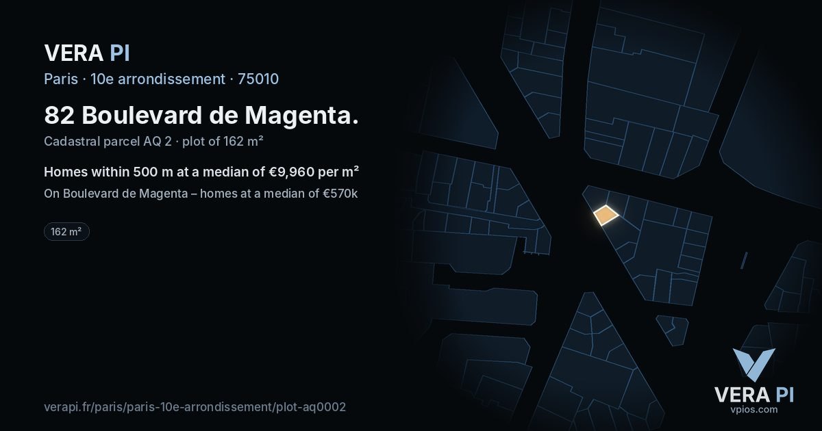 82 Boulevard de Magenta, 10e arrondissement at night – the plot lit, the parcels around coloured by the prices near them