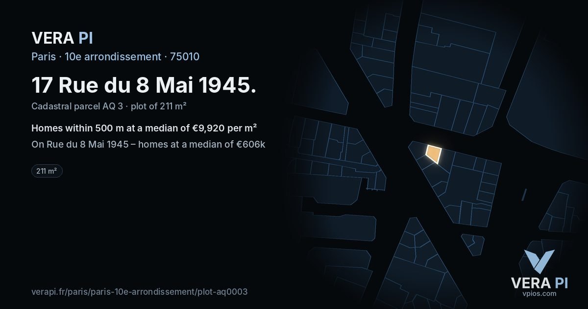 17 Rue du 8 Mai 1945, 10e arrondissement at night – the plot lit, the parcels around coloured by the prices near them