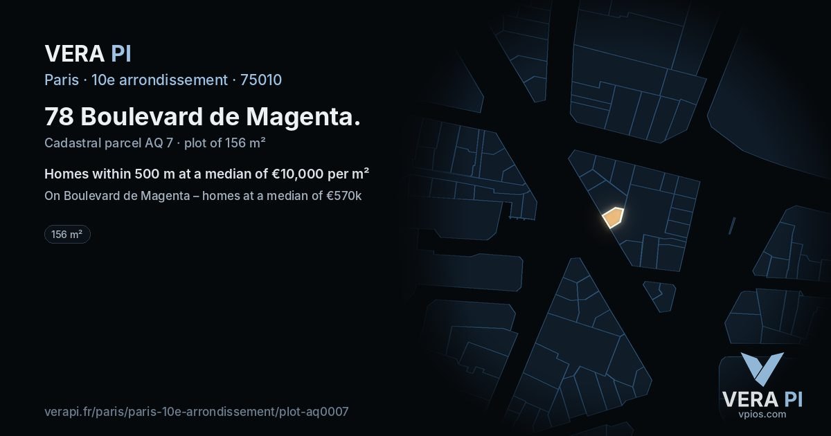 78 Boulevard de Magenta, 10e arrondissement at night – the plot lit, the parcels around coloured by the prices near them