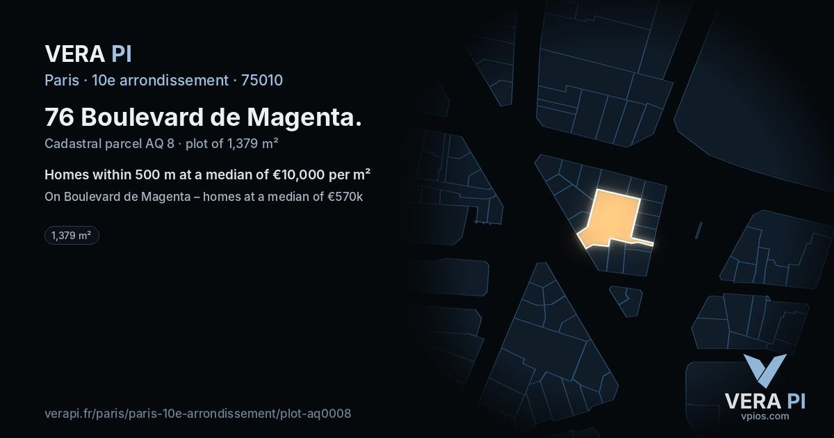 76 Boulevard de Magenta, 10e arrondissement at night – the plot lit, the parcels around coloured by the prices near them