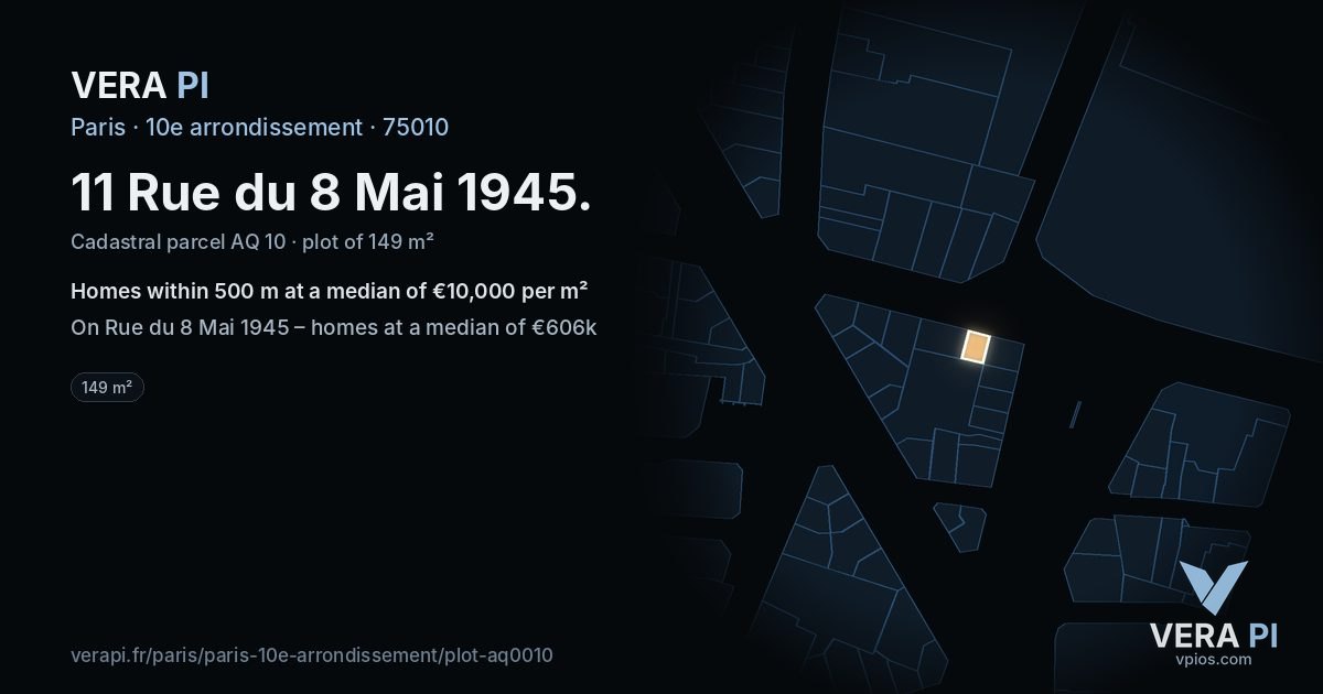 11 Rue du 8 Mai 1945, 10e arrondissement at night – the plot lit, the parcels around coloured by the prices near them