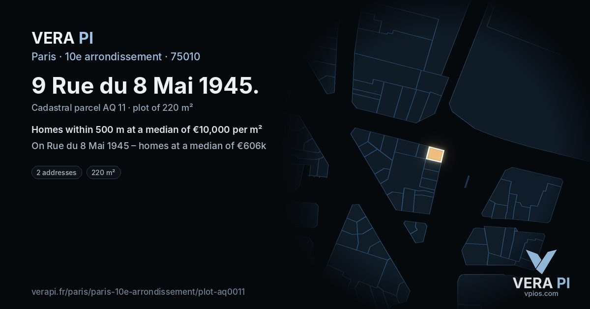 9 Rue du 8 Mai 1945, 10e arrondissement at night – the plot lit, the parcels around coloured by the prices near them
