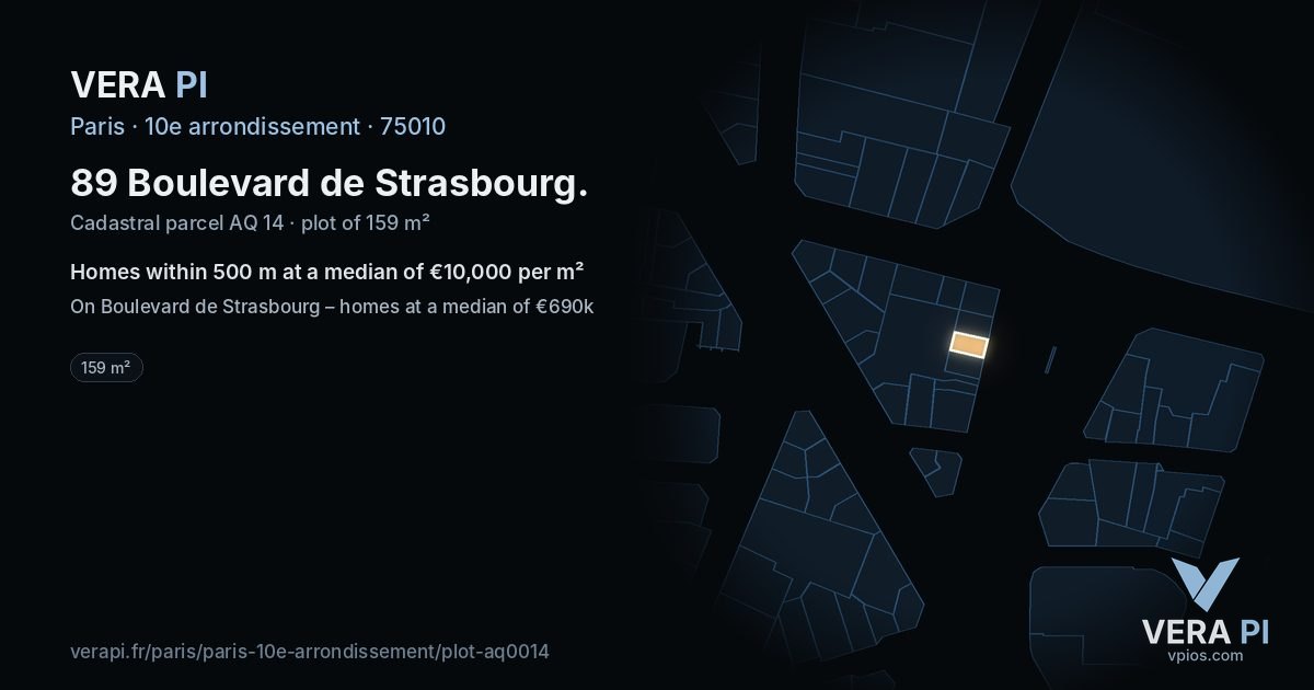 89 Boulevard de Strasbourg, 10e arrondissement at night – the plot lit, the parcels around coloured by the prices near them