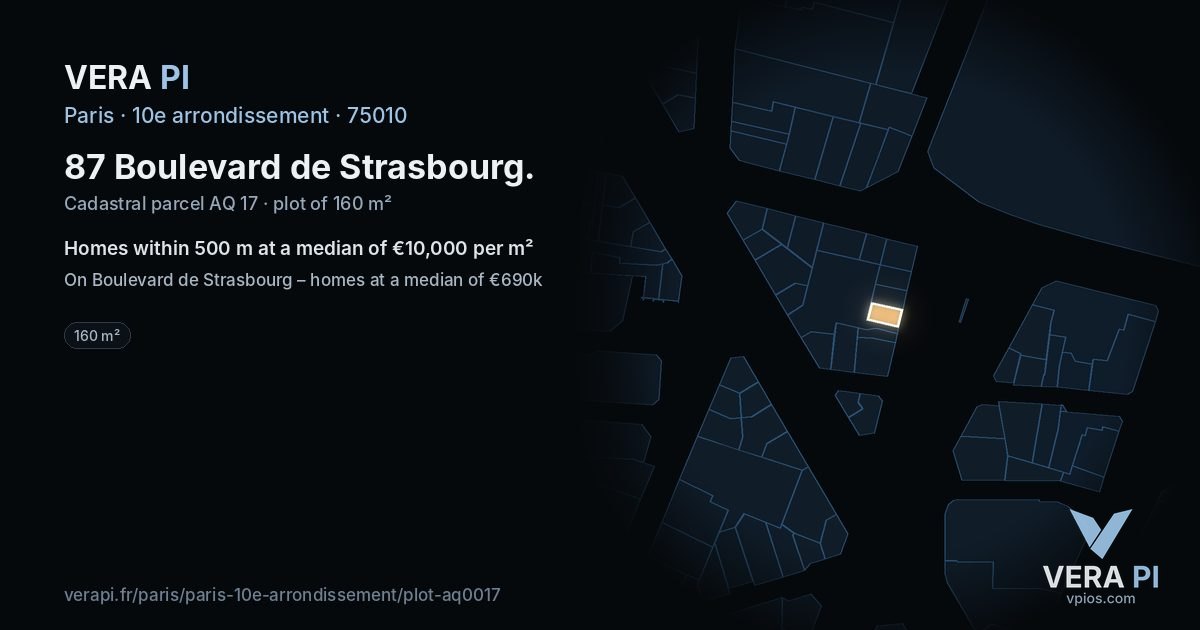87 Boulevard de Strasbourg, 10e arrondissement at night – the plot lit, the parcels around coloured by the prices near them