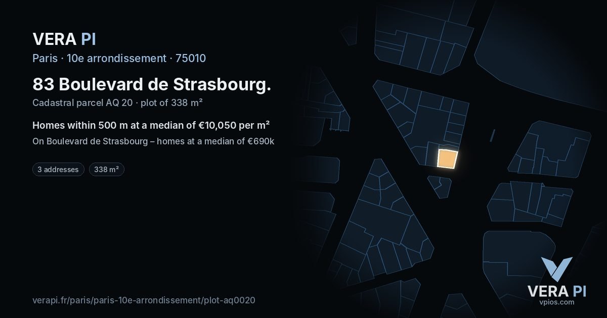 83 Boulevard de Strasbourg, 10e arrondissement at night – the plot lit, the parcels around coloured by the prices near them