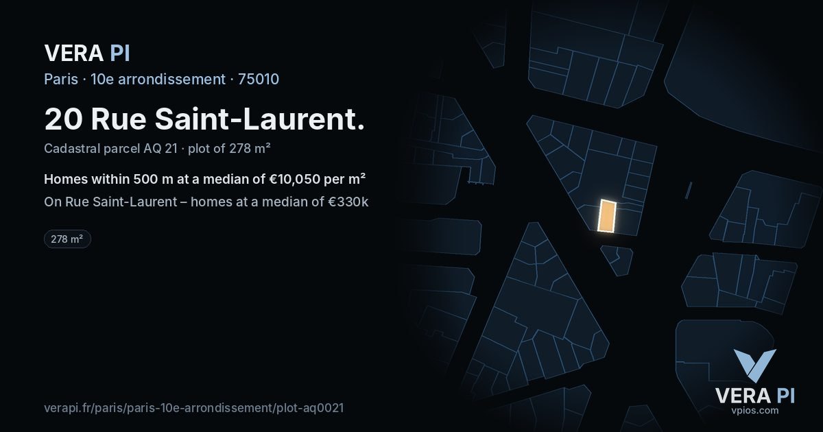 20 Rue Saint-Laurent, 10e arrondissement at night – the plot lit, the parcels around coloured by the prices near them