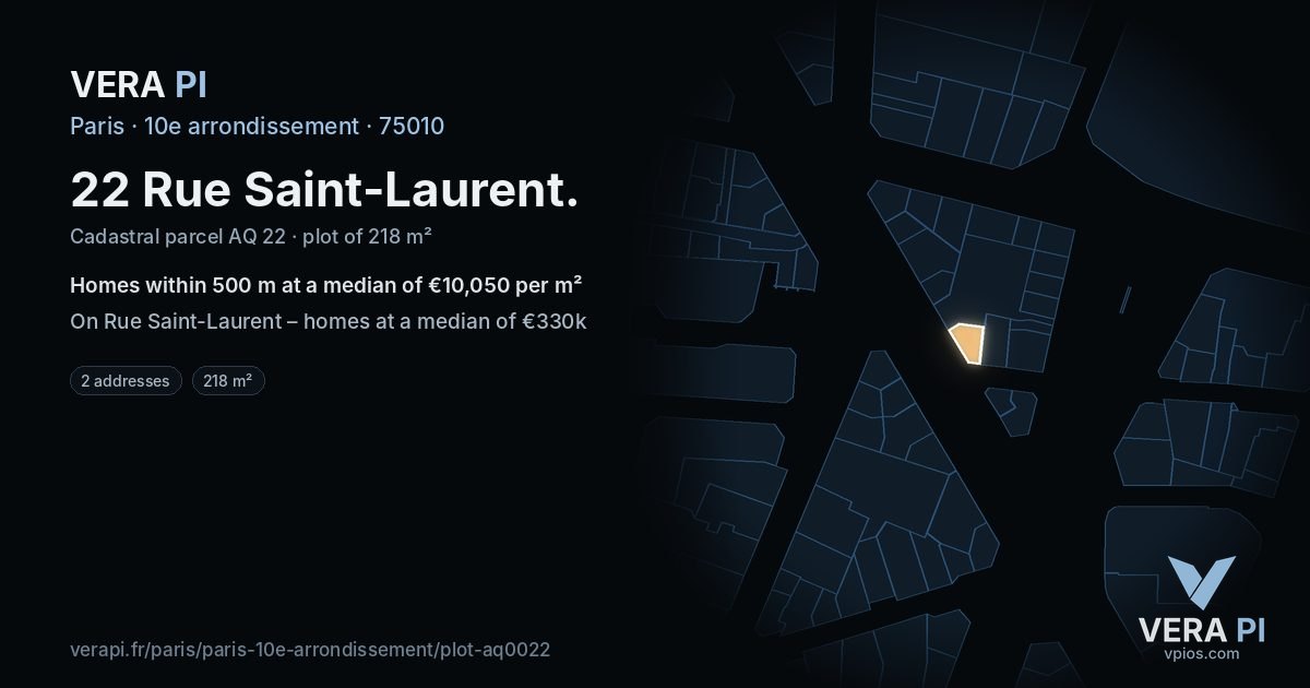 22 Rue Saint-Laurent, 10e arrondissement at night – the plot lit, the parcels around coloured by the prices near them