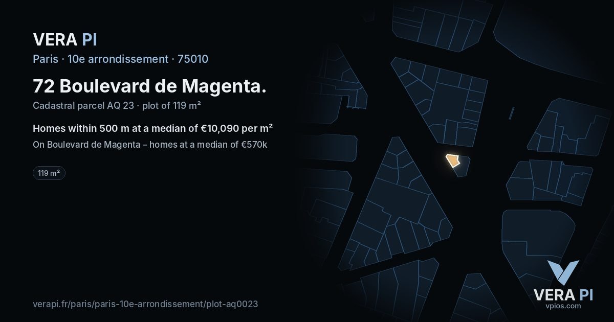72 Boulevard de Magenta, 10e arrondissement at night – the plot lit, the parcels around coloured by the prices near them