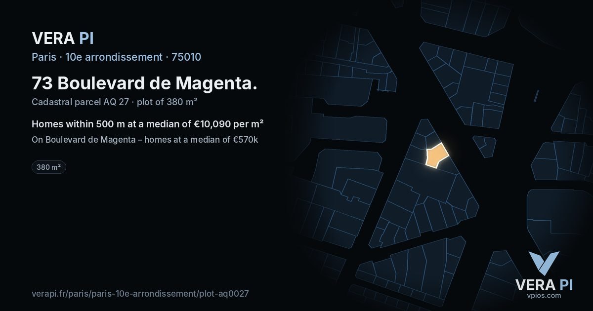 73 Boulevard de Magenta, 10e arrondissement at night – the plot lit, the parcels around coloured by the prices near them
