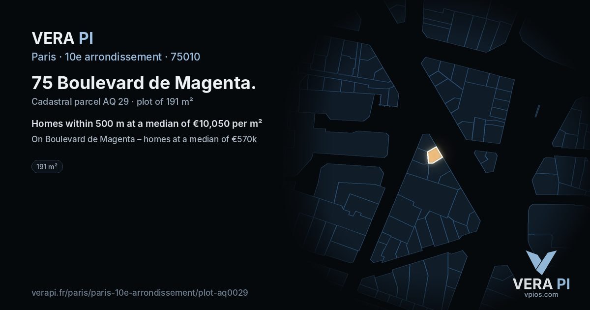 75 Boulevard de Magenta, 10e arrondissement at night – the plot lit, the parcels around coloured by the prices near them