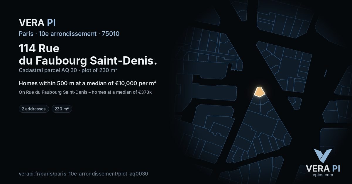 114 Rue du Faubourg Saint-Denis, 10e arrondissement at night – the plot lit, the parcels around coloured by the prices near them