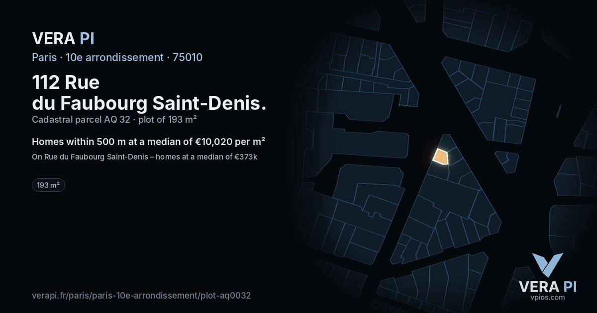 112 Rue du Faubourg Saint-Denis, 10e arrondissement at night – the plot lit, the parcels around coloured by the prices near them