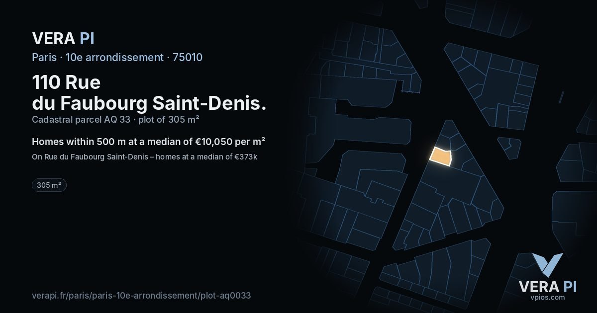 110 Rue du Faubourg Saint-Denis, 10e arrondissement at night – the plot lit, the parcels around coloured by the prices near them