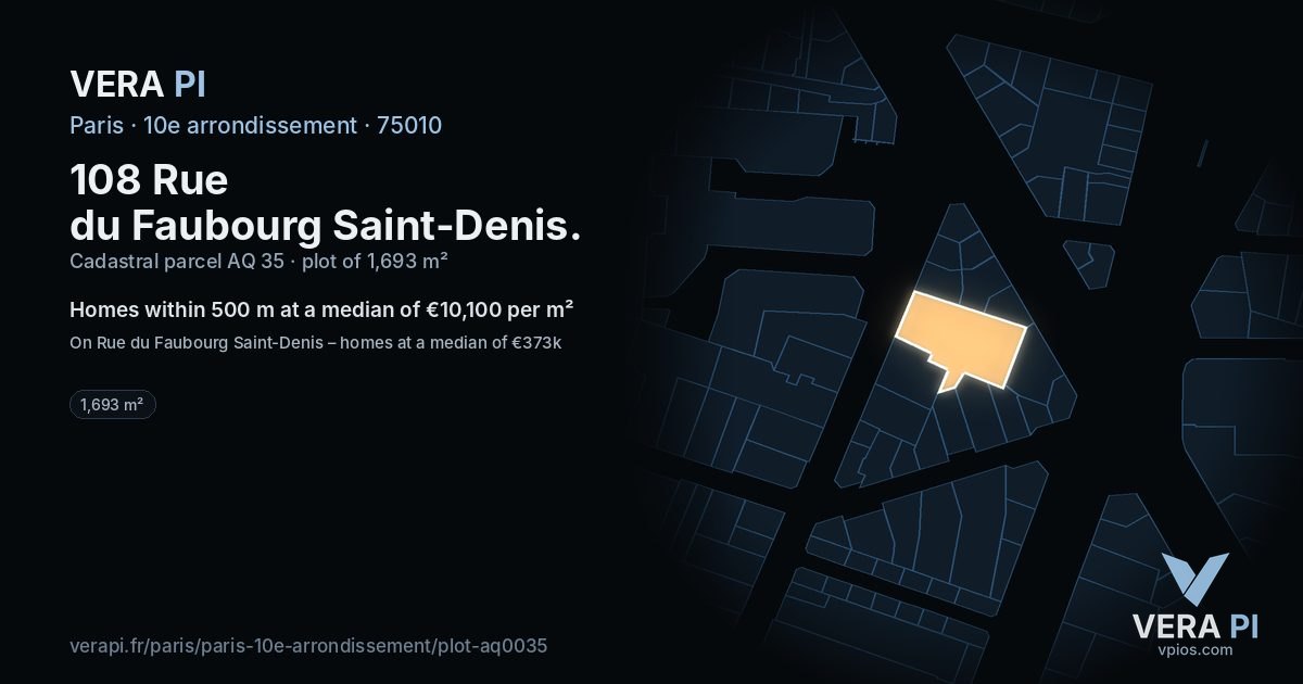 108 Rue du Faubourg Saint-Denis, 10e arrondissement at night – the plot lit, the parcels around coloured by the prices near them