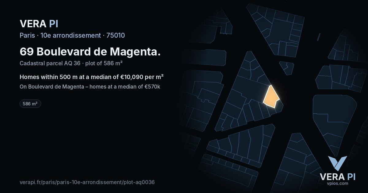 69 Boulevard de Magenta, 10e arrondissement at night – the plot lit, the parcels around coloured by the prices near them