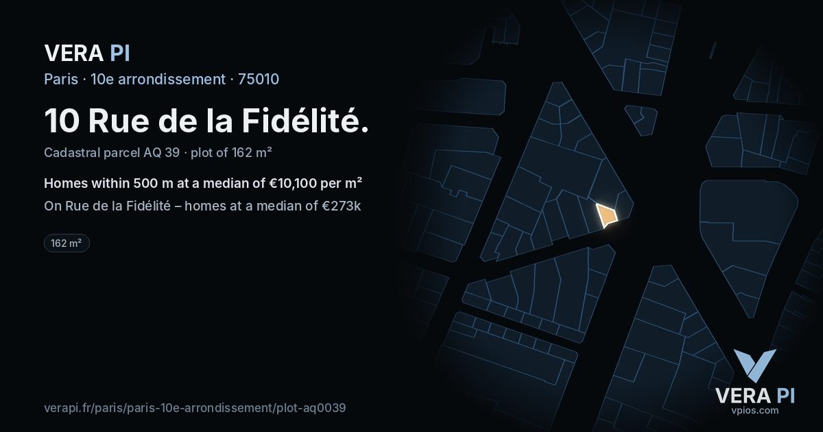 10 Rue de la Fidélité, 10e arrondissement at night – the plot lit, the parcels around coloured by the prices near them