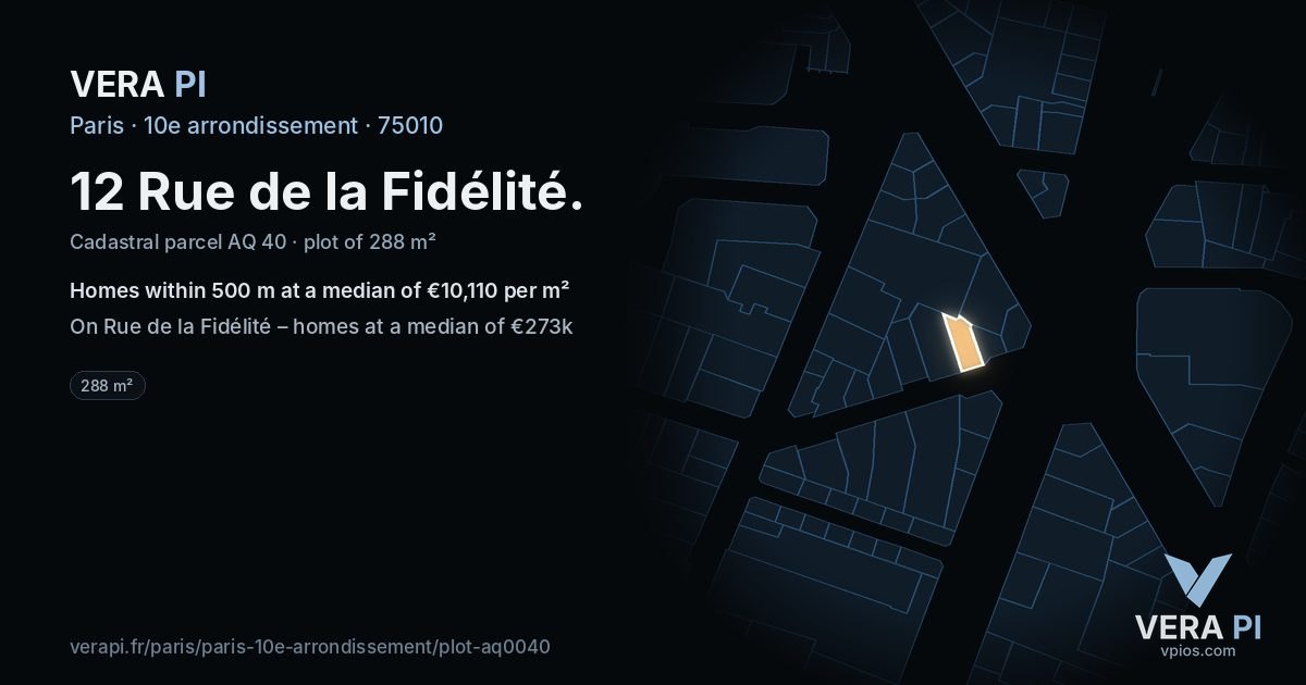 12 Rue de la Fidélité, 10e arrondissement at night – the plot lit, the parcels around coloured by the prices near them