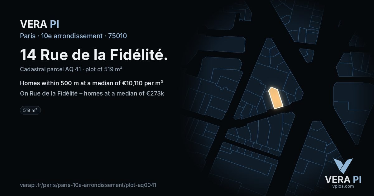 14 Rue de la Fidélité, 10e arrondissement at night – the plot lit, the parcels around coloured by the prices near them