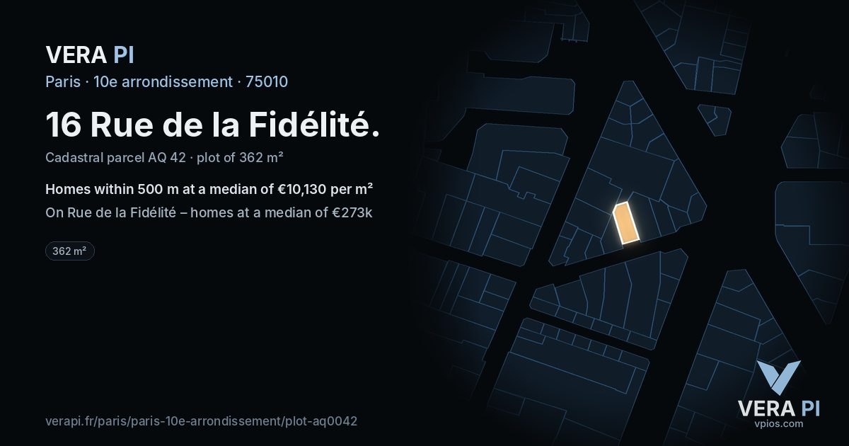 16 Rue de la Fidélité, 10e arrondissement at night – the plot lit, the parcels around coloured by the prices near them