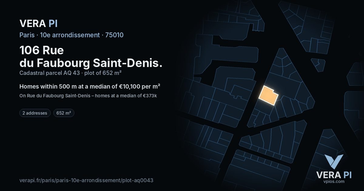 106 Rue du Faubourg Saint-Denis, 10e arrondissement at night – the plot lit, the parcels around coloured by the prices near them