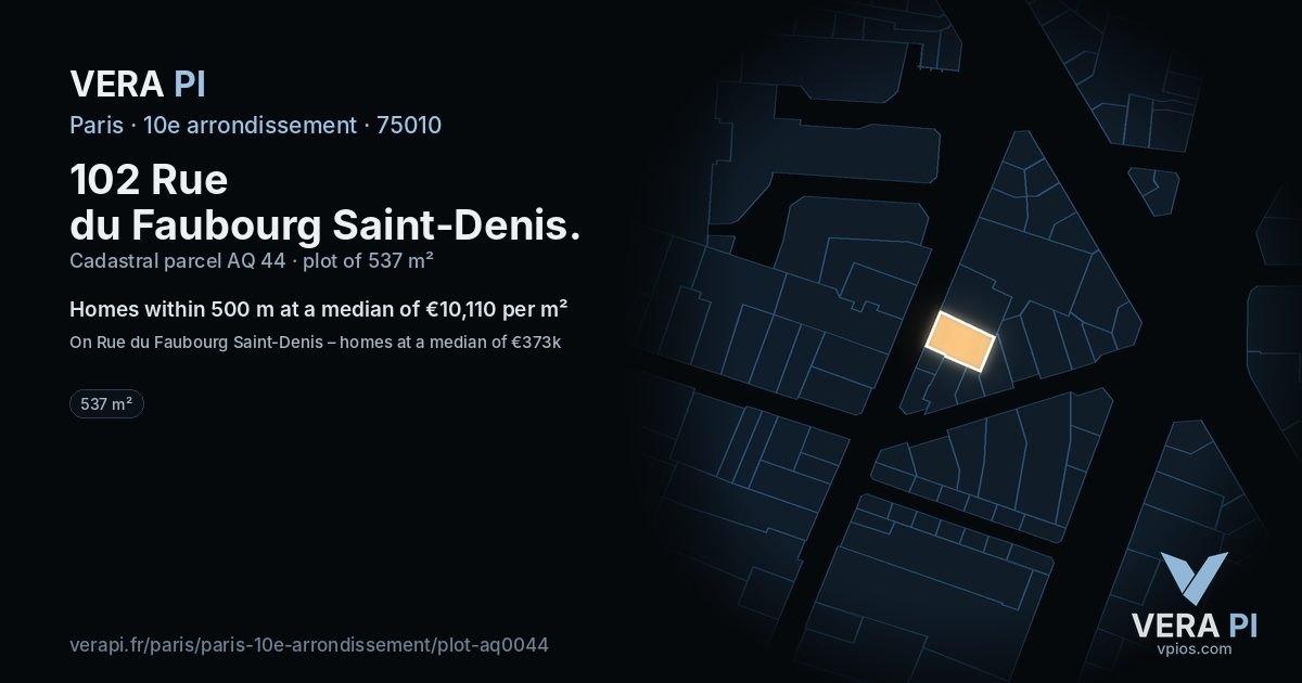 102 Rue du Faubourg Saint-Denis, 10e arrondissement at night – the plot lit, the parcels around coloured by the prices near them