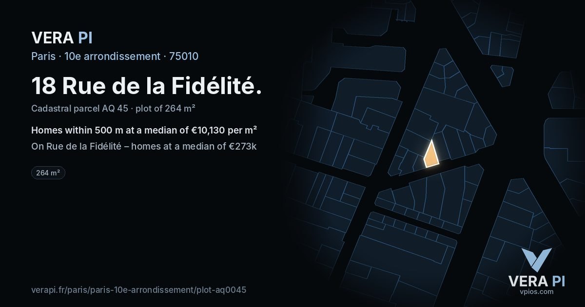 18 Rue de la Fidélité, 10e arrondissement at night – the plot lit, the parcels around coloured by the prices near them