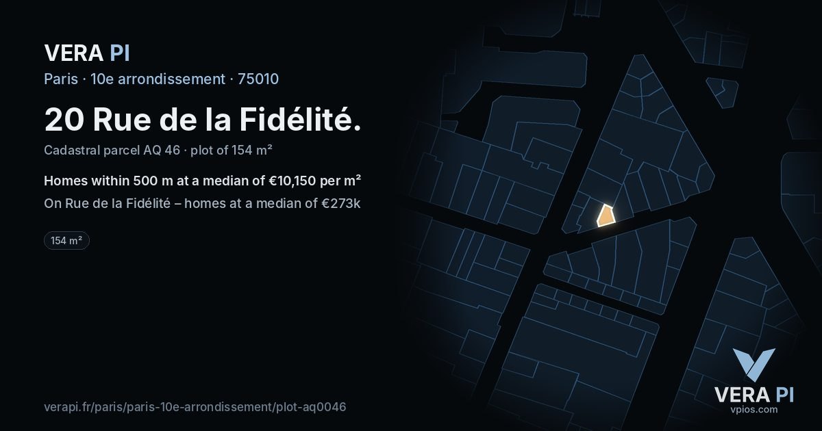 20 Rue de la Fidélité, 10e arrondissement at night – the plot lit, the parcels around coloured by the prices near them